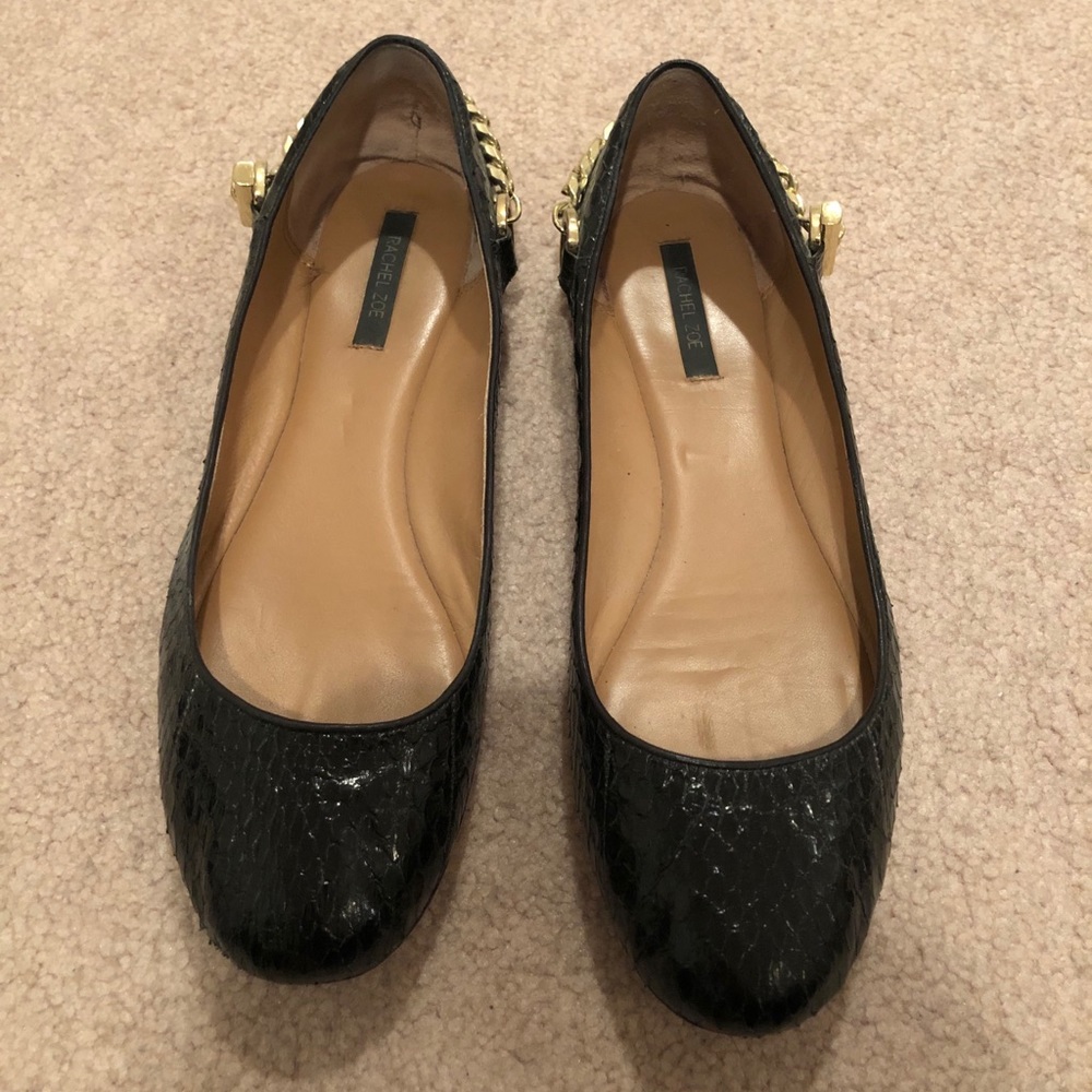 Rachel Zoe black snakeskin flats with gold chain